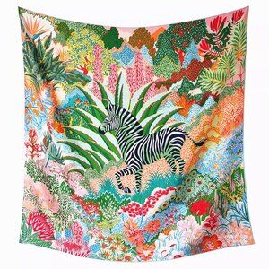 Women 100% silk scarf 90 cm Mountain Zebra Pink Green